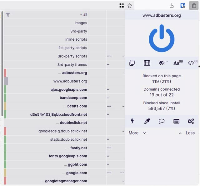 A screenshot of uBlock Origin showing numerous tracking links being blocked