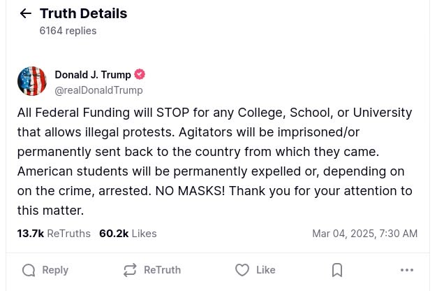 A screenshot of a Truth Social post by Donald Trump