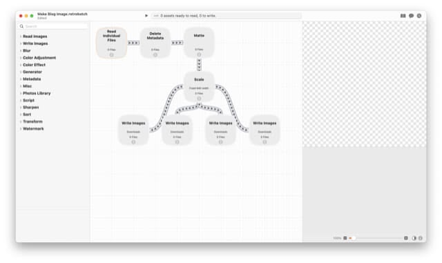 A picture of Retrobatch's node editor window showing a workflow