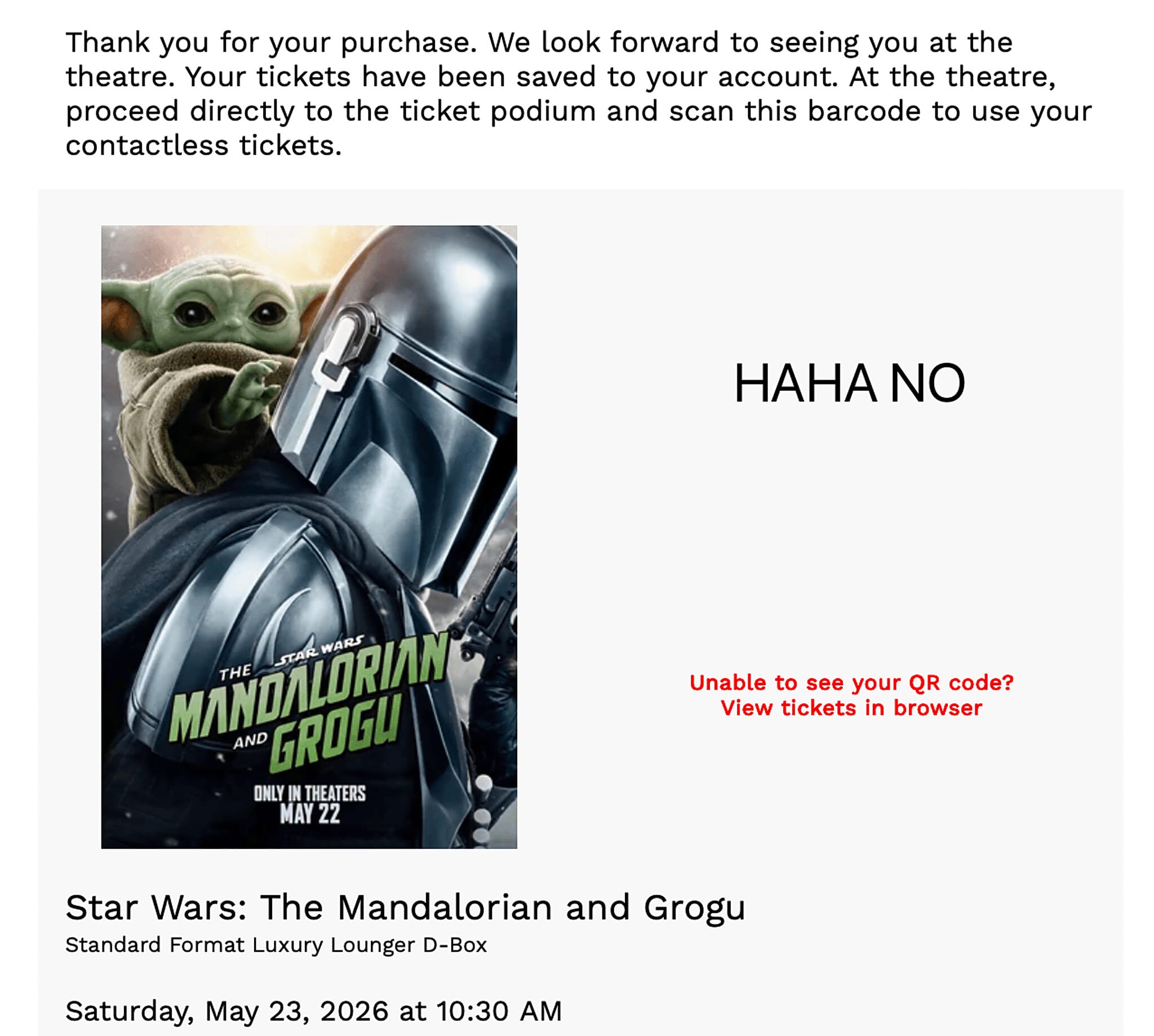 A picture of a confirmation email for a theatrical release of The Mandolorian and Grogu