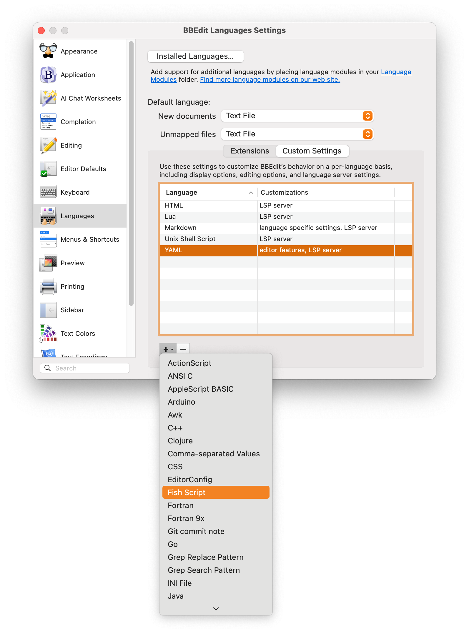 A picture of the BBEdit &ldquo;Custom Settings&rdquo; section, showing the &lsquo;add custom languages&rsquo; menu, the &lsquo;Fish Shell&rsquo; item is selected