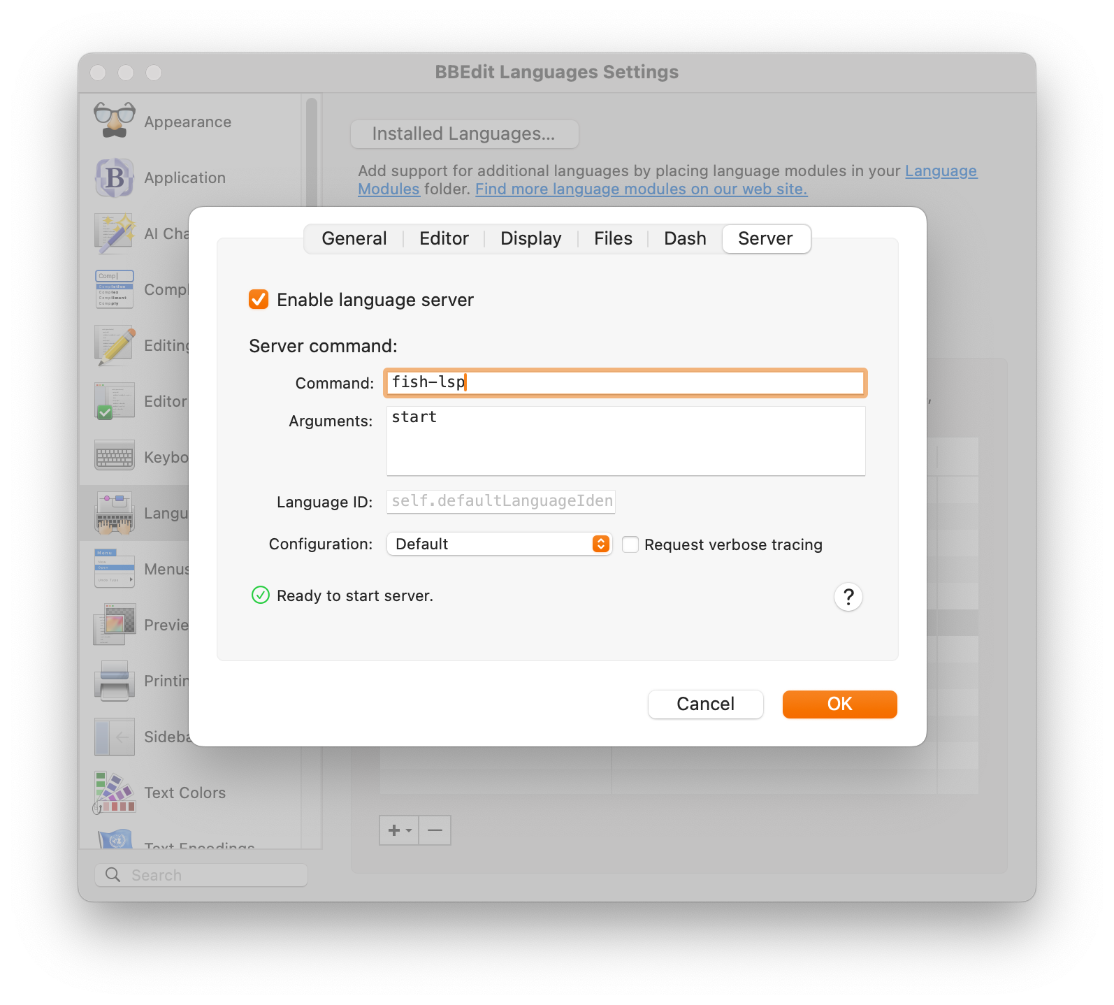 A picture of the custom language settings for the &ldquo;Fish Shell&rdquo; language, showing the &ldquo;Server&rdquo; tab with the configuration options required