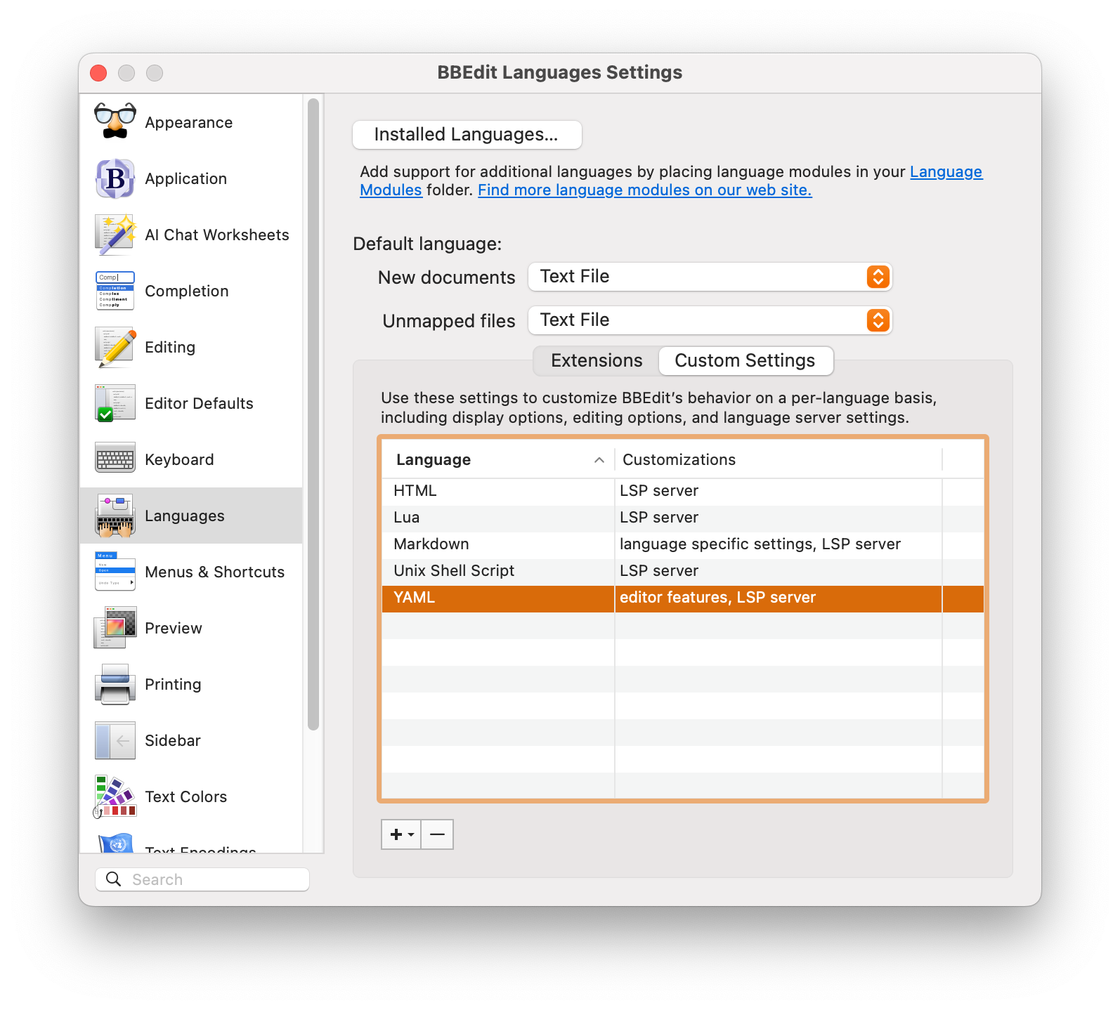 A picture of the &ldquo;Custom Settings&rdquo; section of the &ldquo;Langages&rdquo; of the BBEdit Settings interface