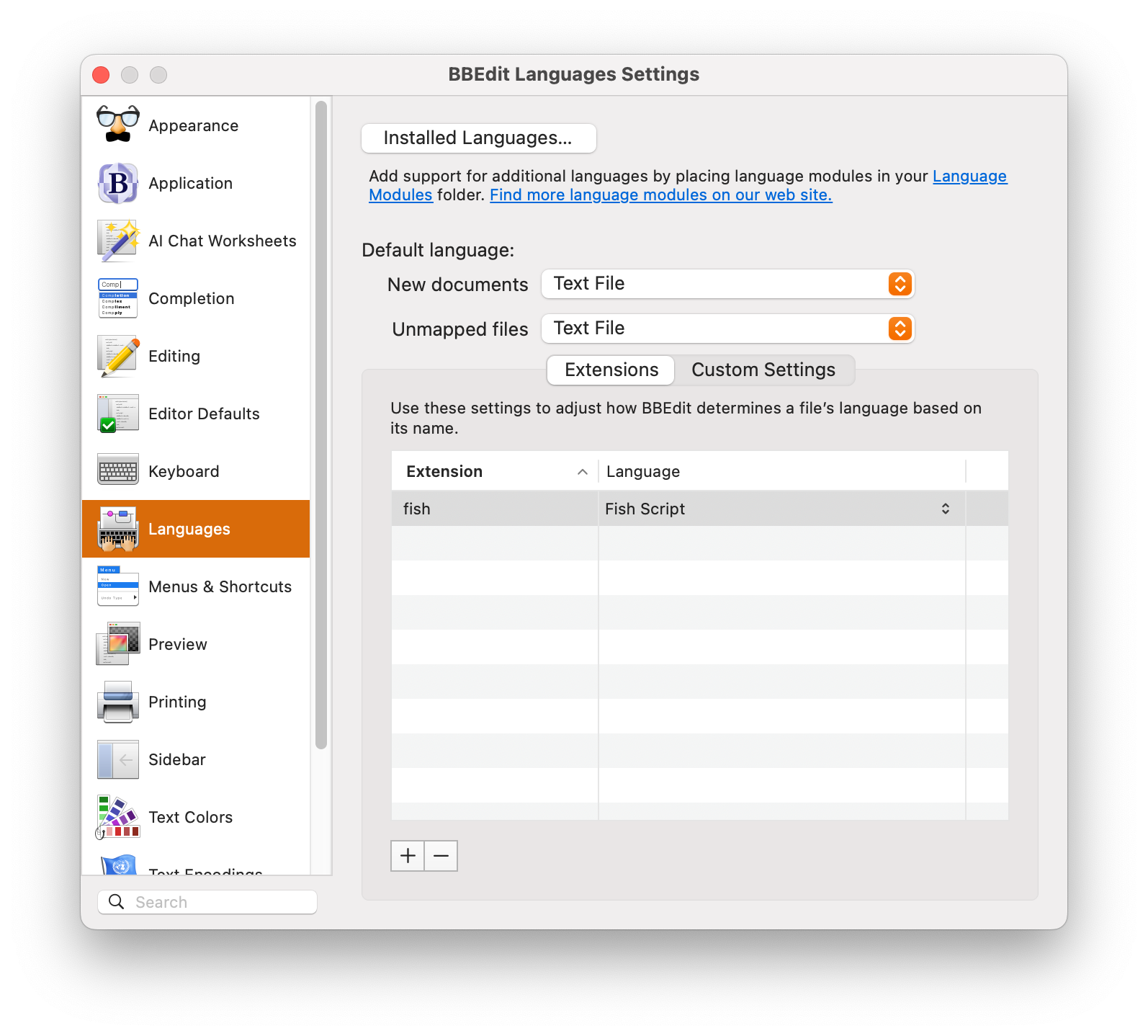 A picture showing the &ldquo;Languages&rdquo; section of the BBEdit Settings interface